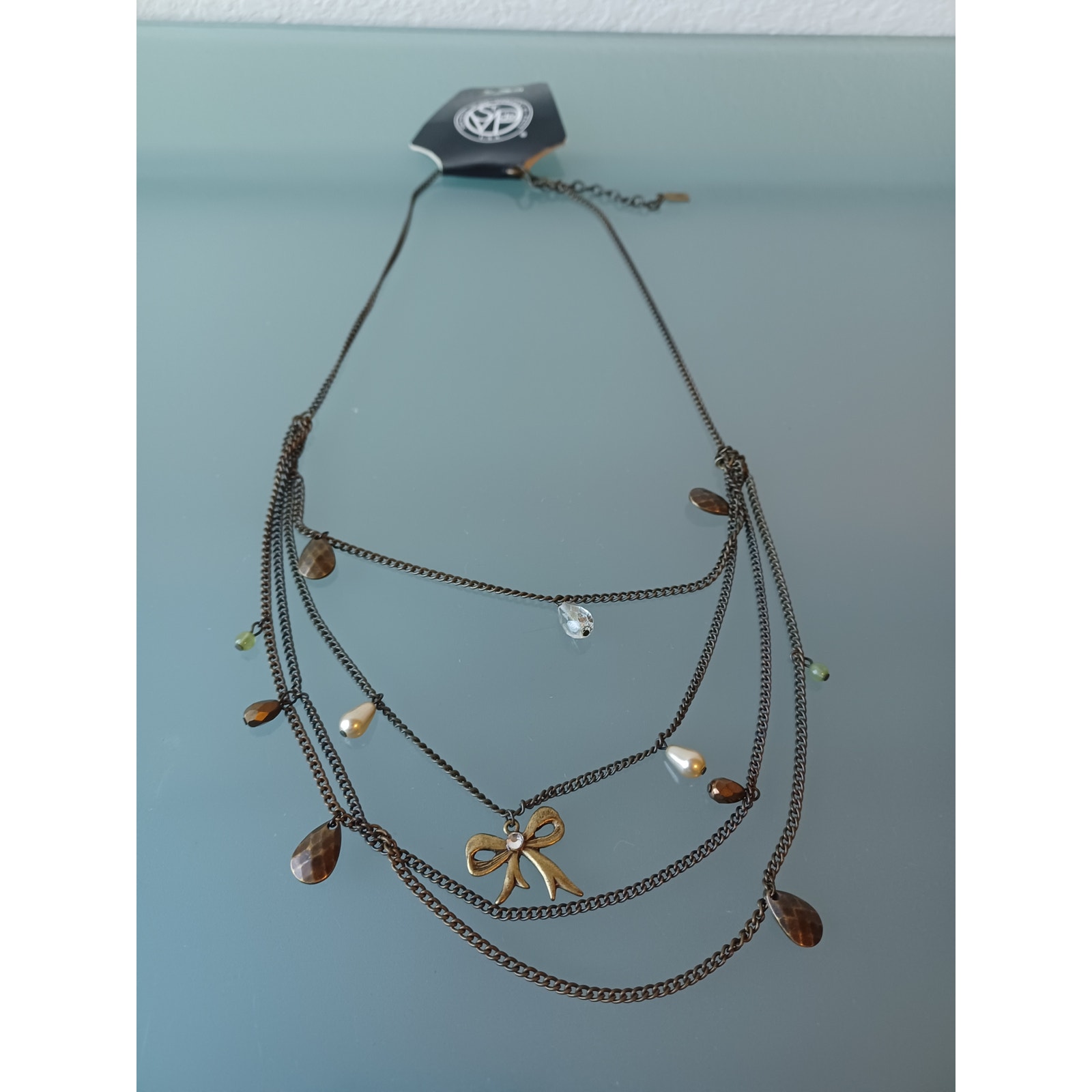 Rachel Necklace Pearl Crystal Brass Bow Chain 3x18